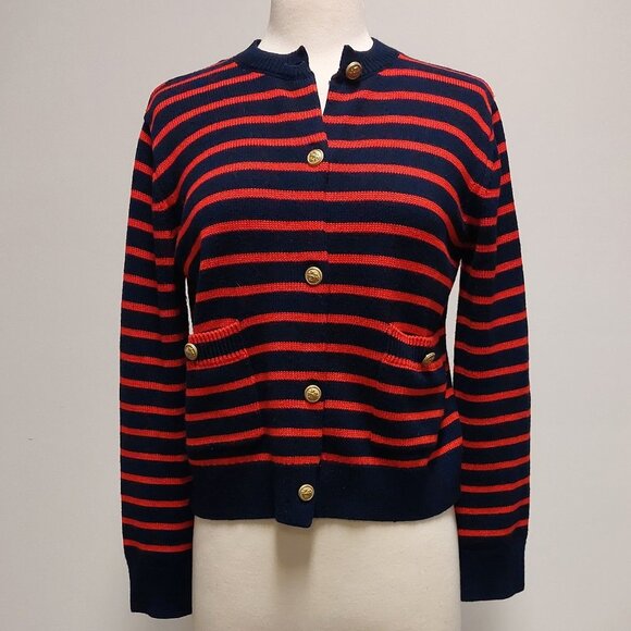 ZARA, Red & Navy Striped, Cable Knit, Gold Button, L/S, Cardigan, Size: S - Picture 2 of 8